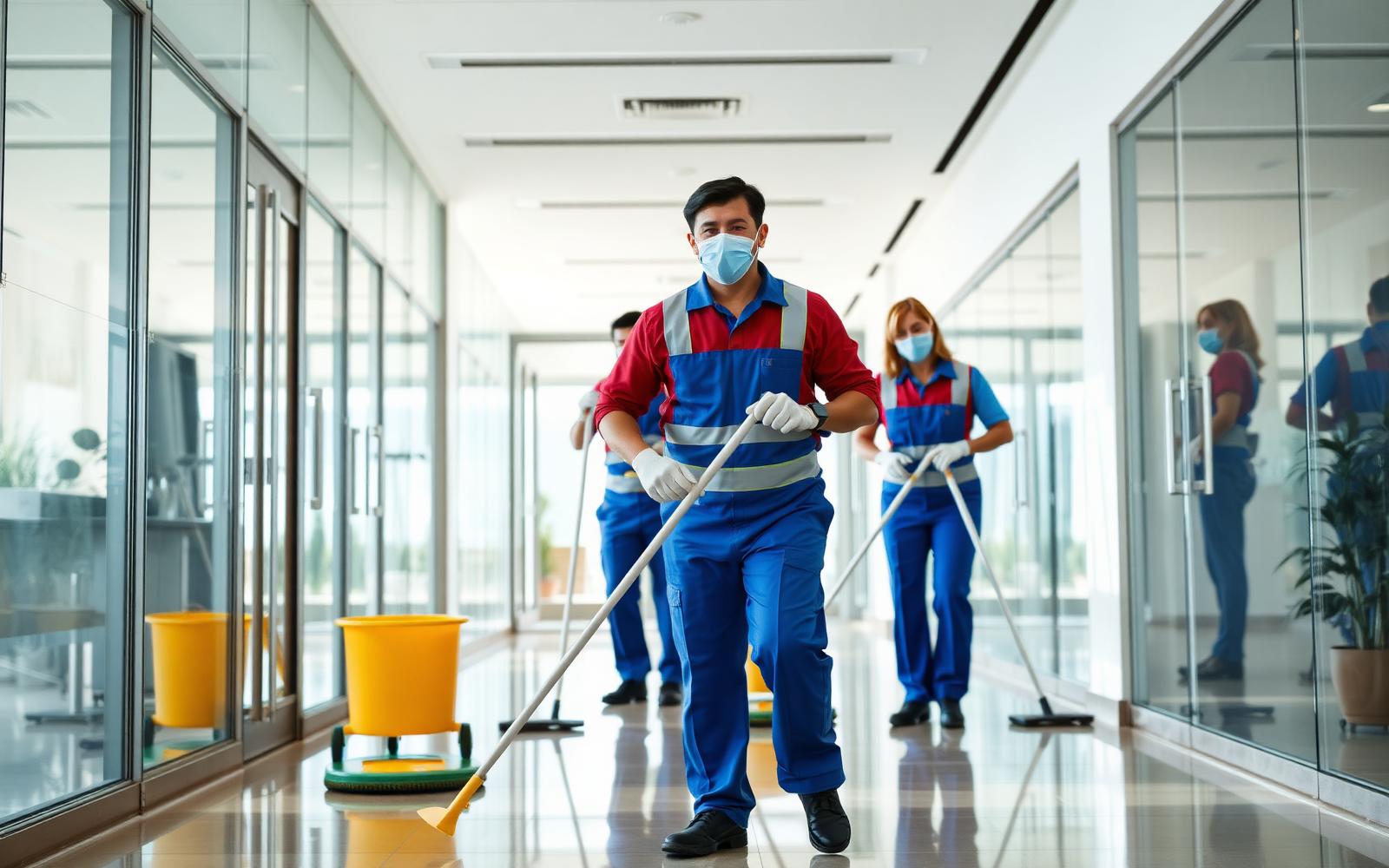 Janitorial crew cleaning a modern office lobby