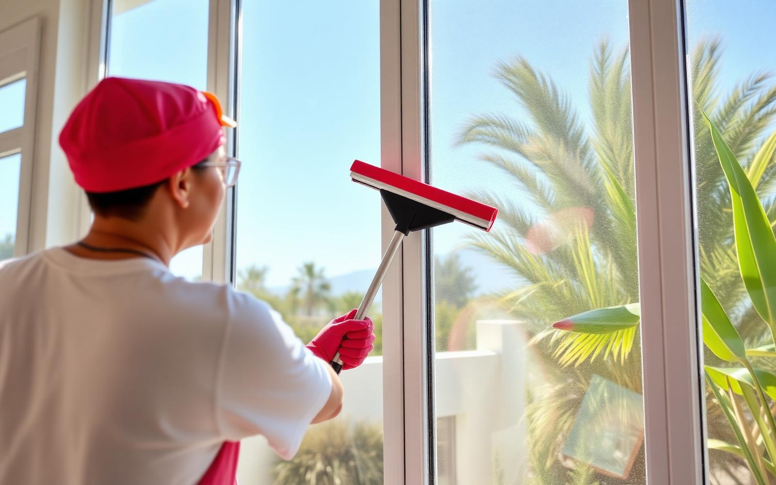 Cleaner squeegeeing sunlit windows of a California home